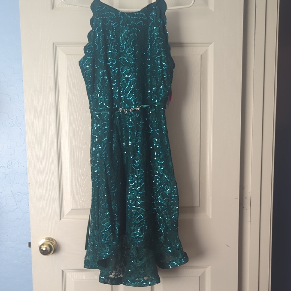 I.N. San Francisco Teal Sequin Kids Formal Dress
